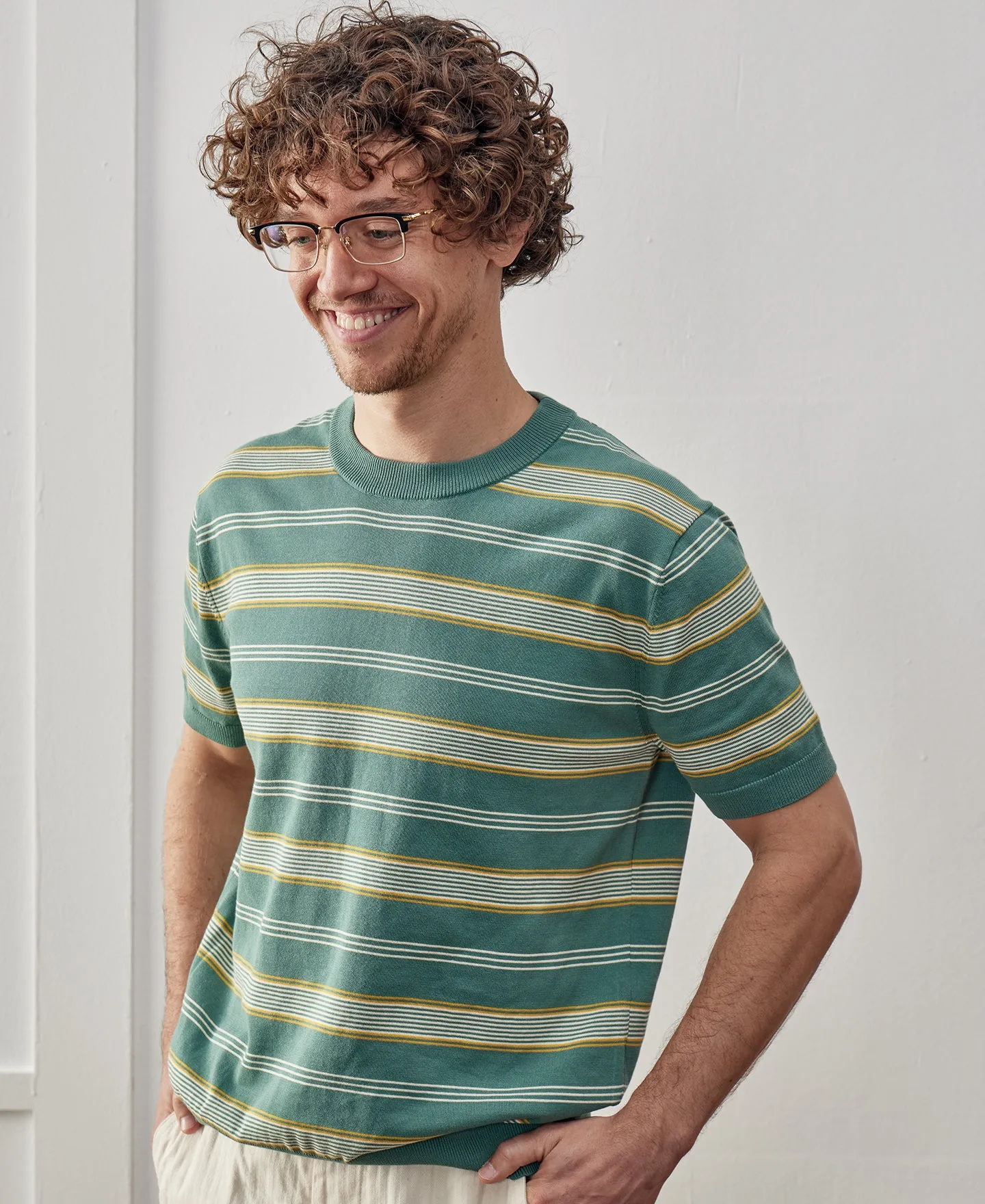 1950s Ribbed Striped Knit T-Shirt - Green
