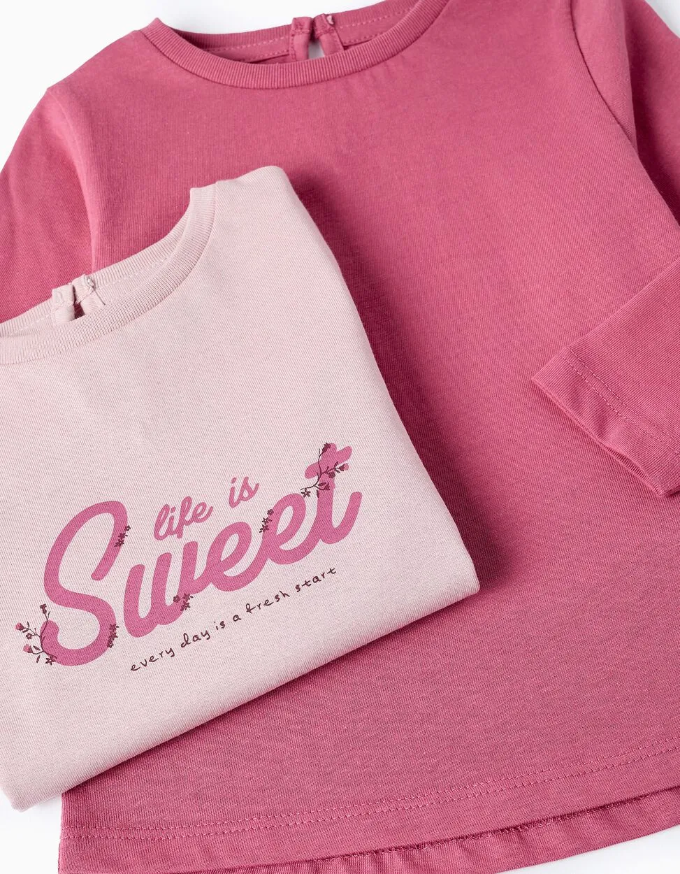 2 Long-sleeved Cotton T-shirts for Baby Girls 'Sweet', Pink