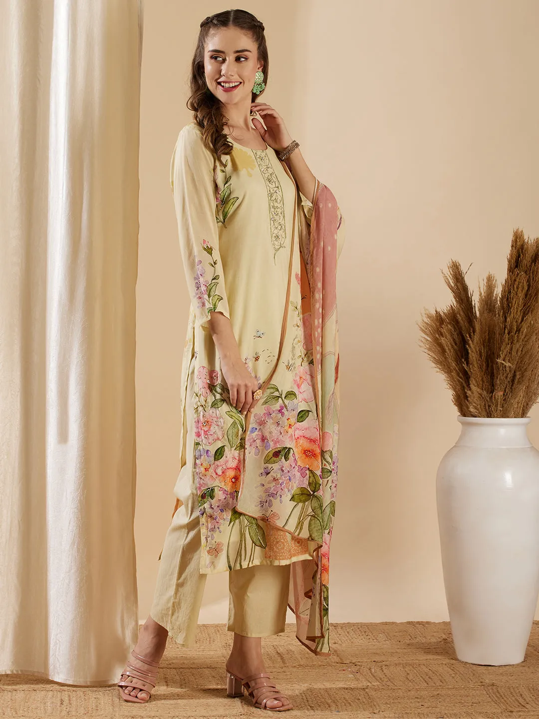 Abstract Floral Printed & Hand Embroidered Kurta with Pant & Dupatta - Cream