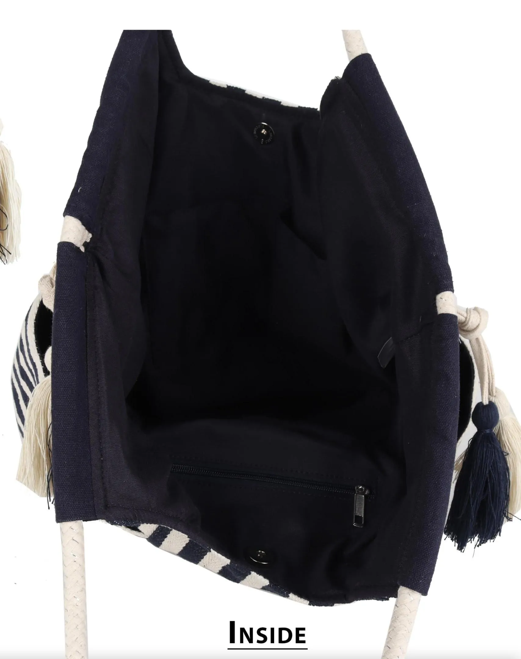 Astrid Women Blue Stripe Jacquard Cotton Rope Shoulder Bag With Tassels