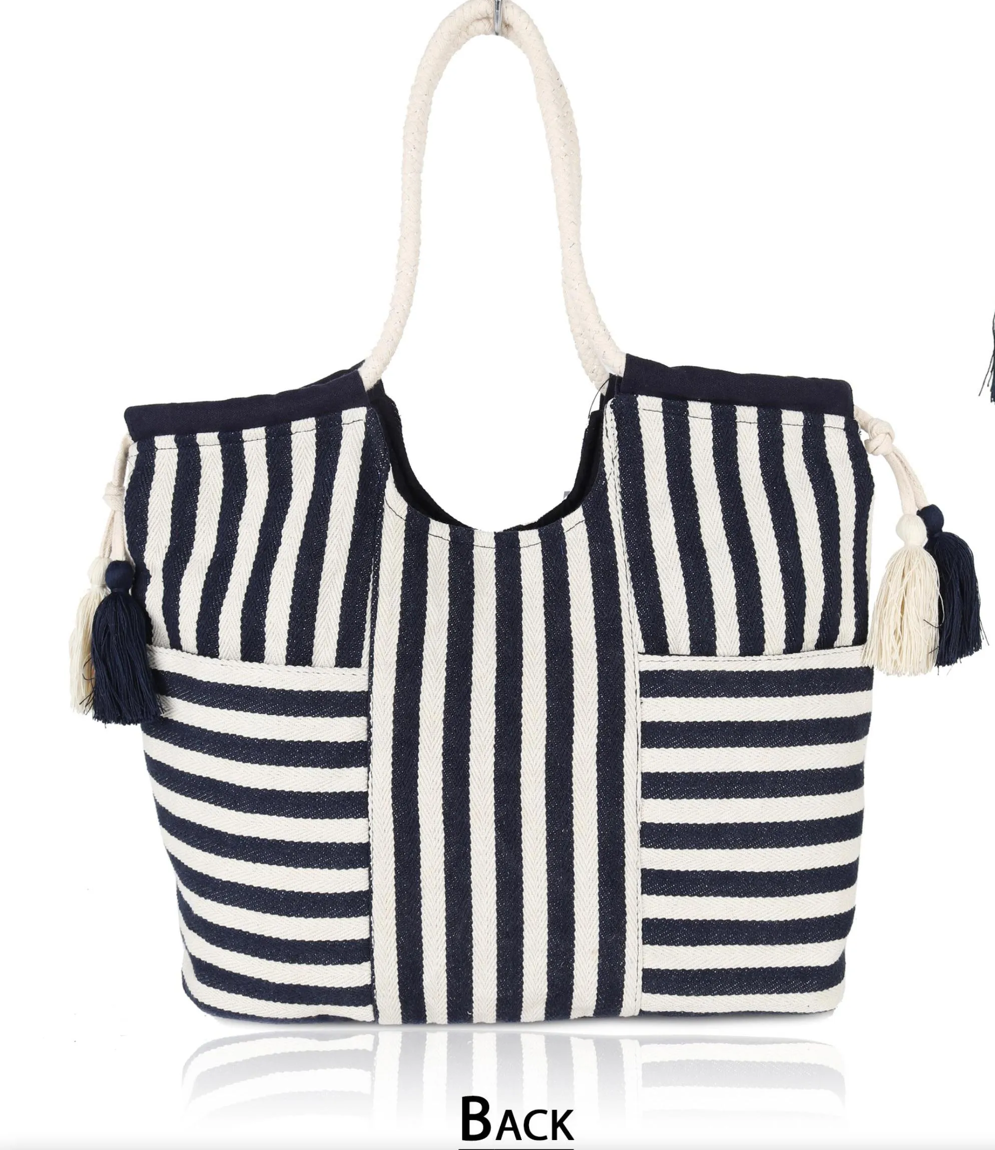 Astrid Women Blue Stripe Jacquard Cotton Rope Shoulder Bag With Tassels