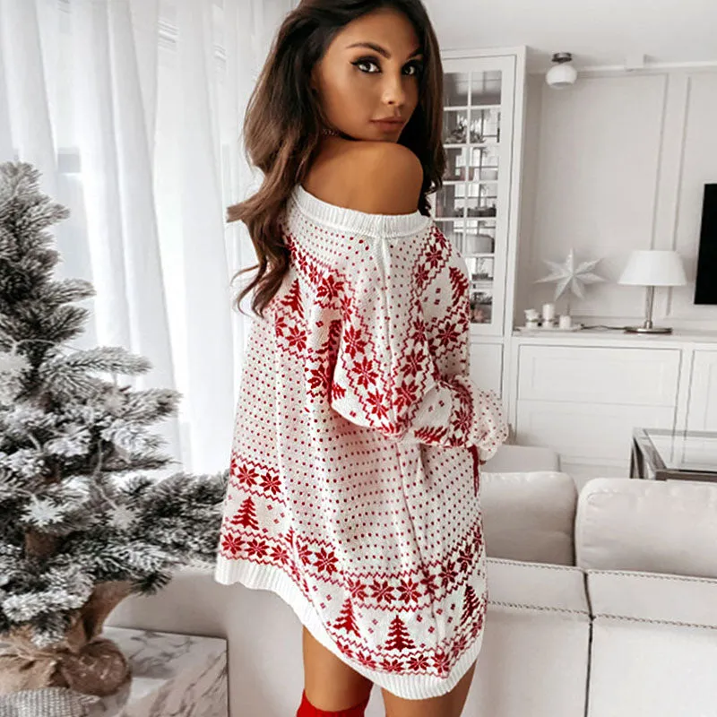 Christmas Holiday Snowflake Pattern Round Neck Longline Sweater