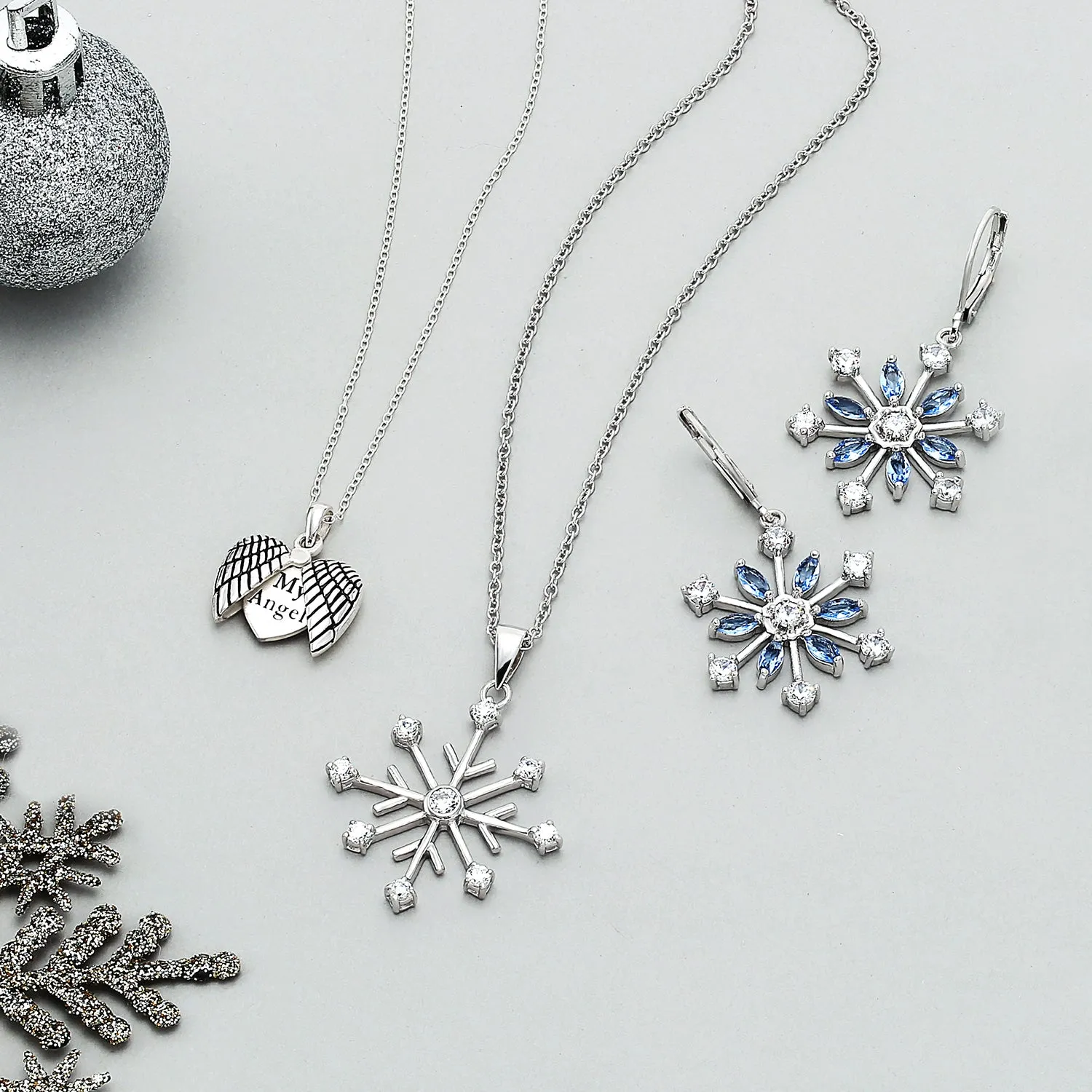 Christmas Snowflake Drop Leverback Earrings Pendant Necklace 925 Sterling Silver