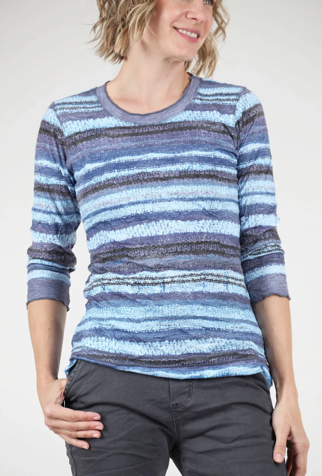 Crushed Stripe Crew Top, Frost Blue