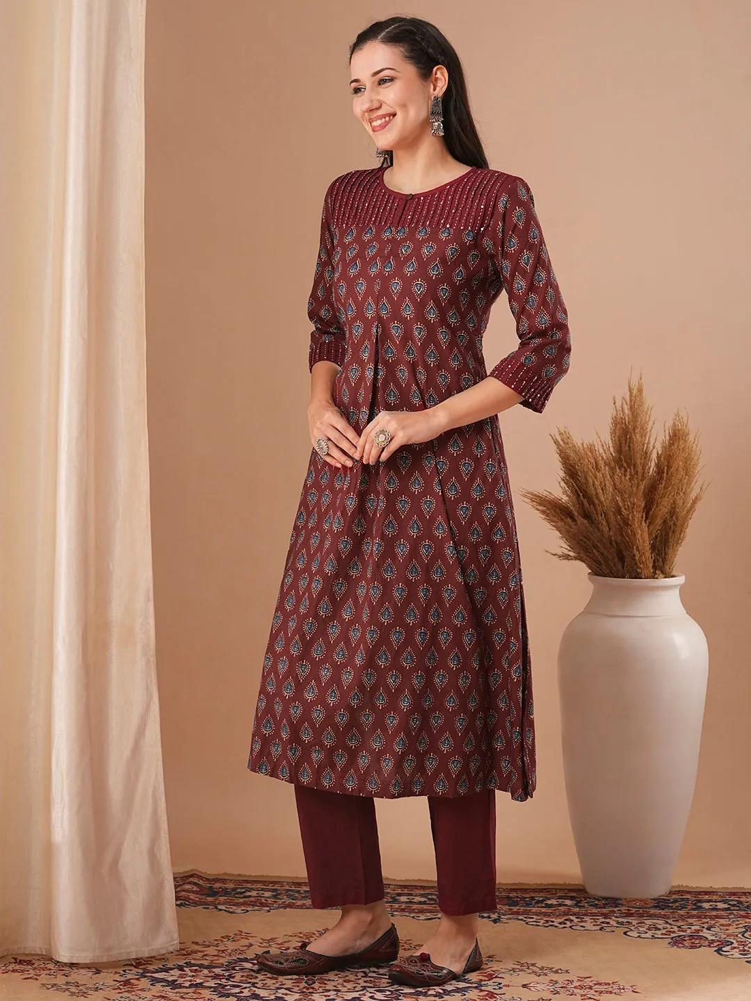 Ethnic Floral Printed A-Line Kurta with Pant - Maroon