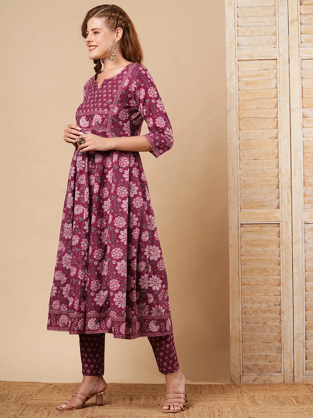 Ethnic Floral Printed & Embroidered Anarkali Kurta with Pant - Mauve