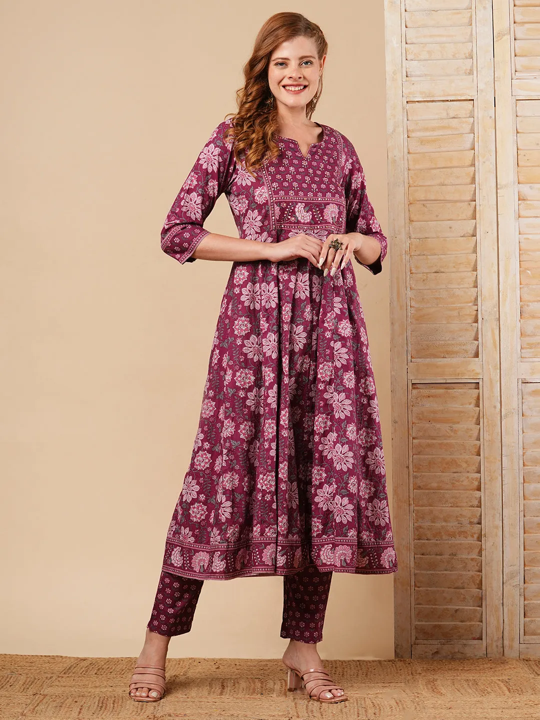 Ethnic Floral Printed & Embroidered Anarkali Kurta with Pant - Mauve