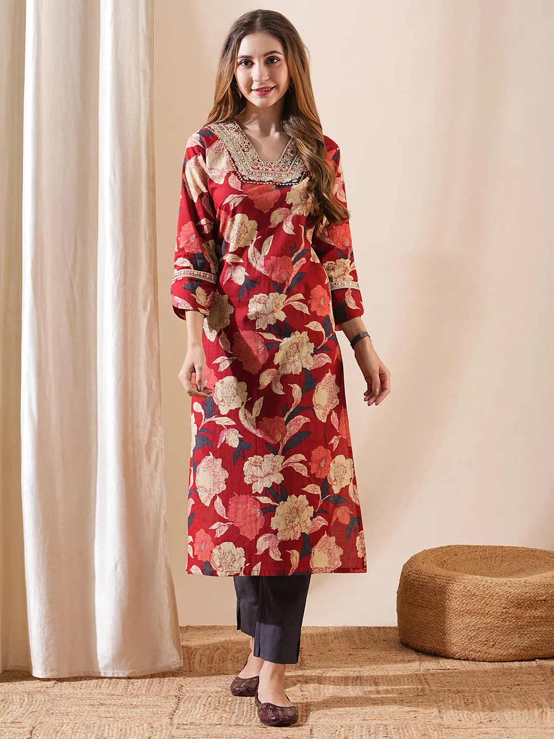 Ethnic Floral Printed & Embroidered Straight Fit Kurta - Red
