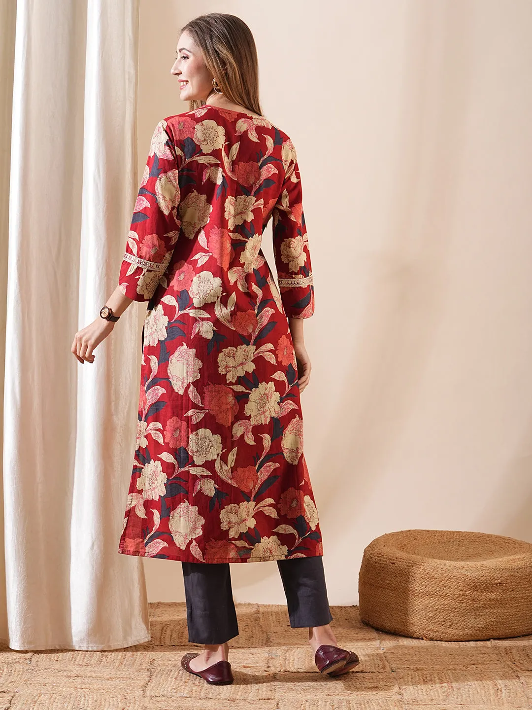 Ethnic Floral Printed & Embroidered Straight Fit Kurta - Red
