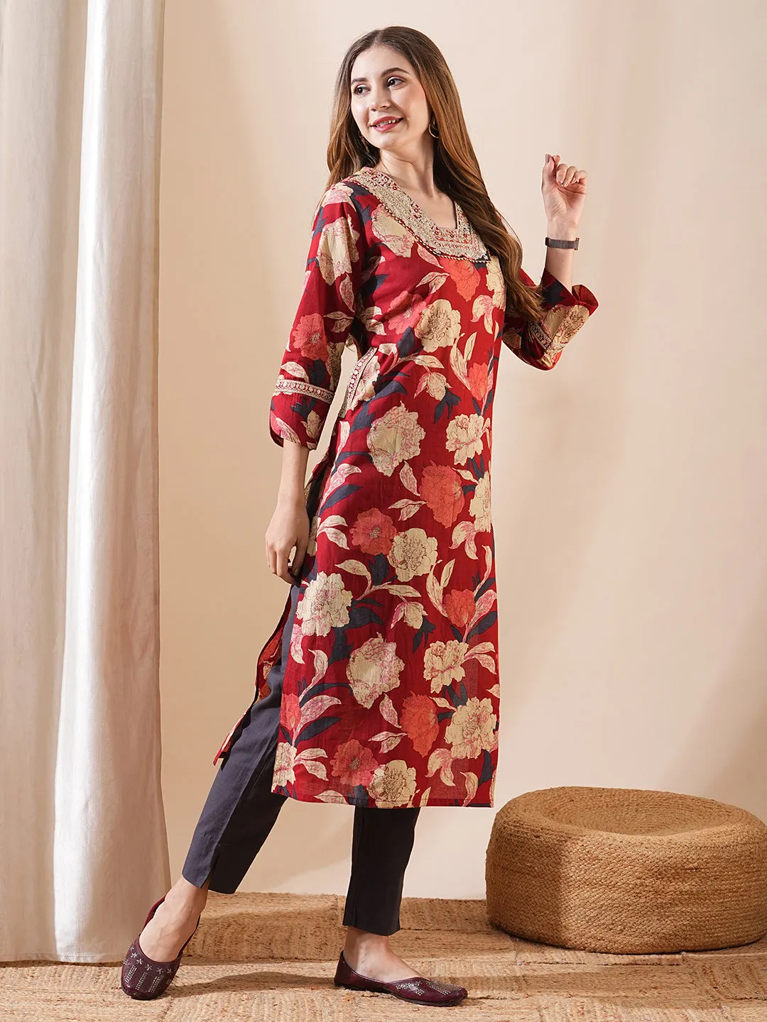 Ethnic Floral Printed & Embroidered Straight Fit Kurta - Red