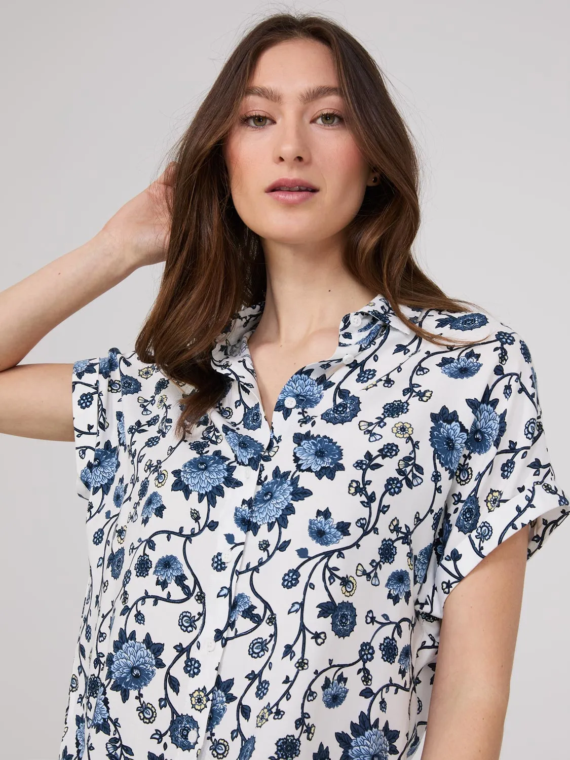 Floral Print Button-Front Bowling Shirt