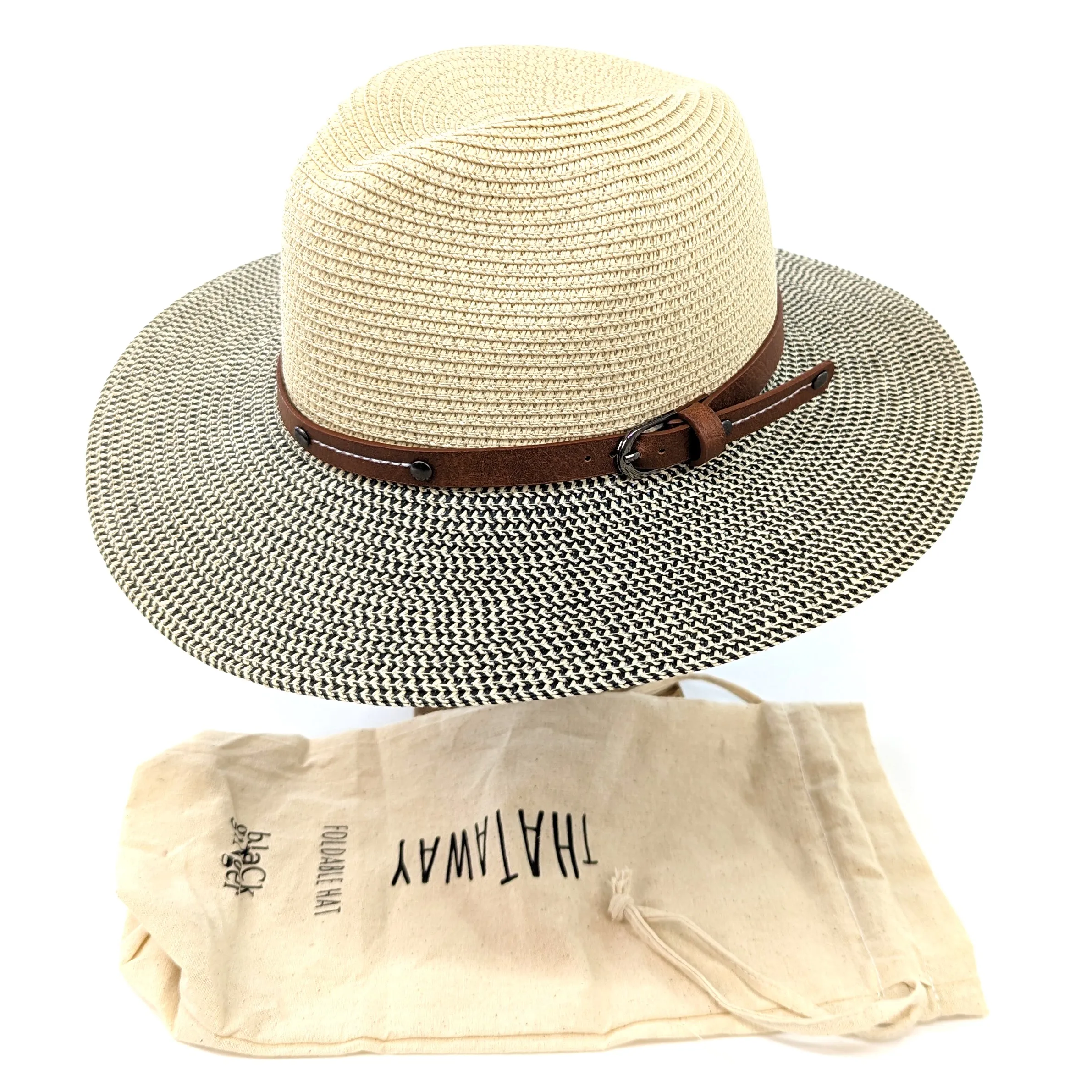 Folding Panama Style Travel Sun Hat - Mottled/Natural with Belt (59cm)