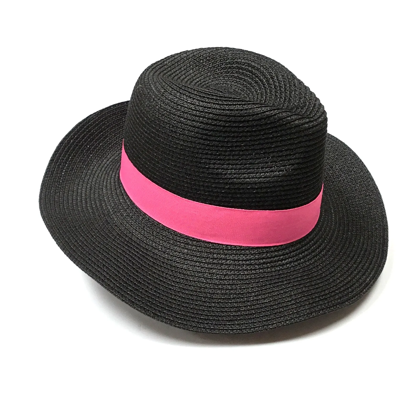 Folding Travel Panama Sun Hat - Black & Pink