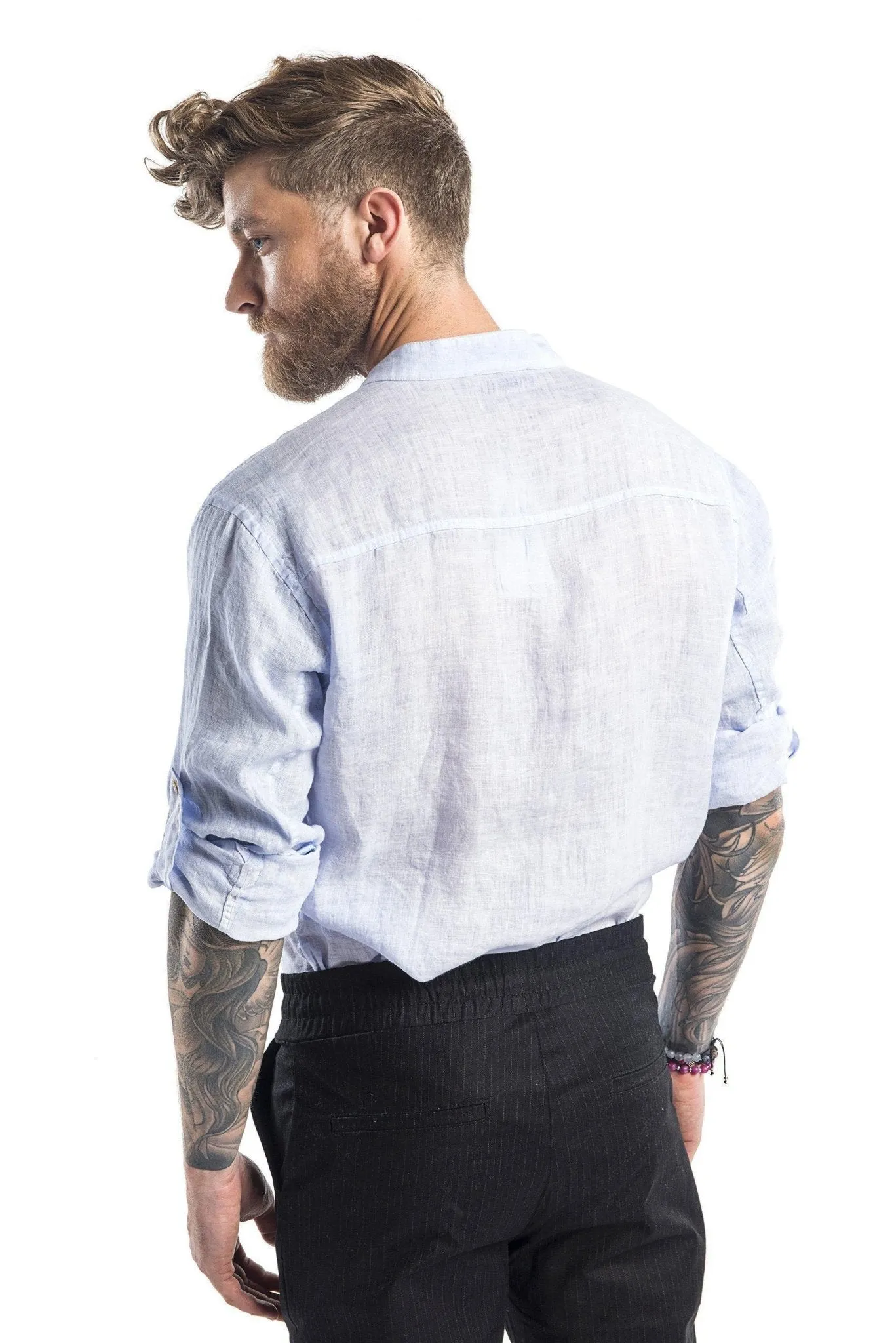 Hidden Placket Linen Shirt - Light Blue