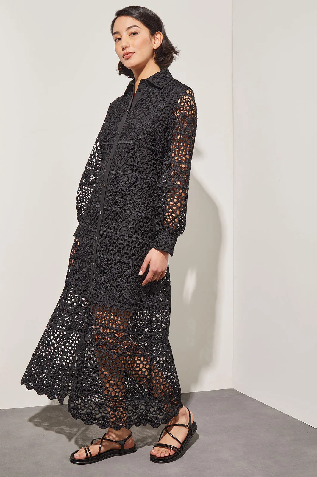 Lace Button Front Maxi Dress - Shirt Collar Woven