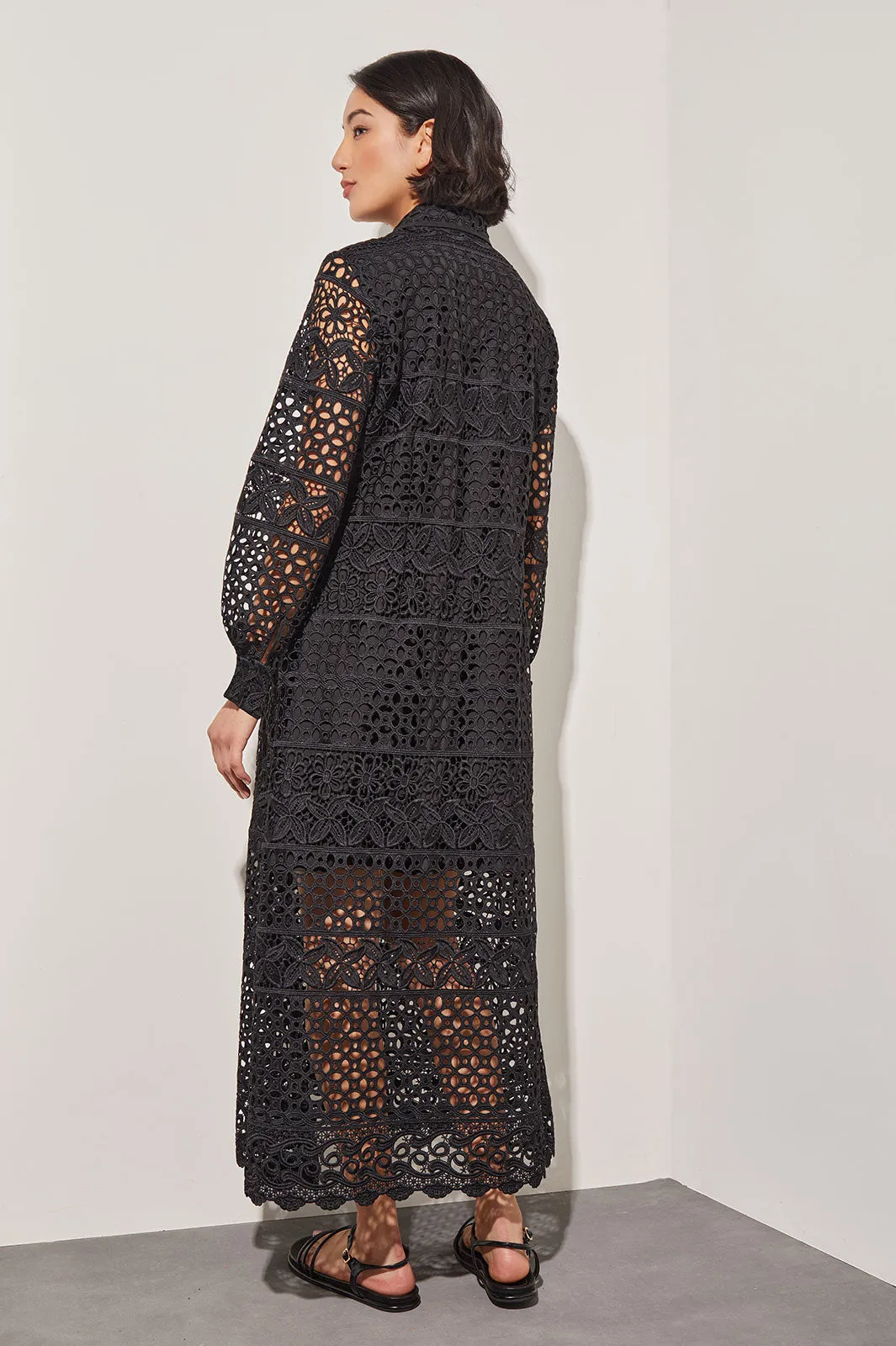 Lace Button Front Maxi Dress - Shirt Collar Woven