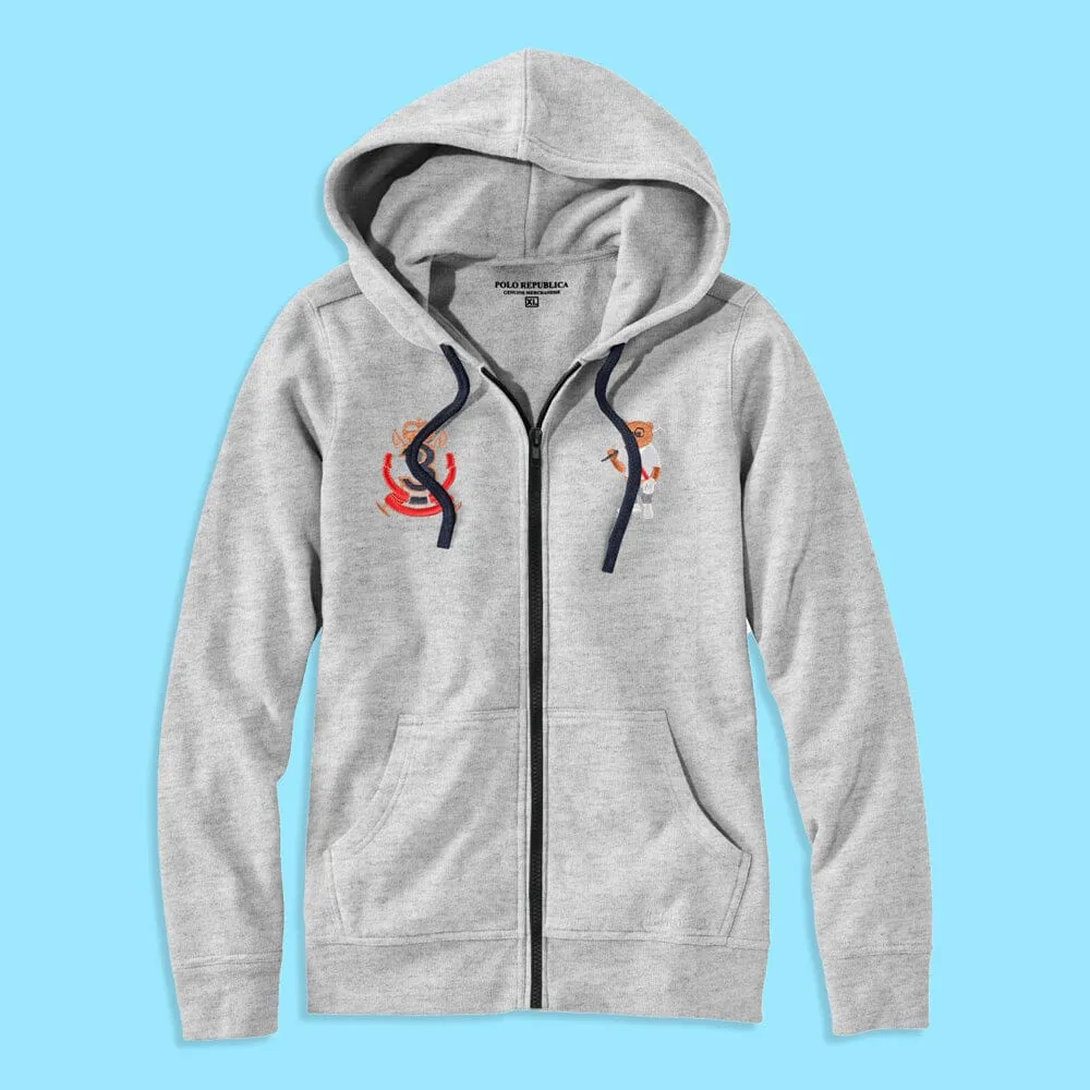 Polo Republica Men's Bear & 3 Mallet Printed Zipper Hoodie