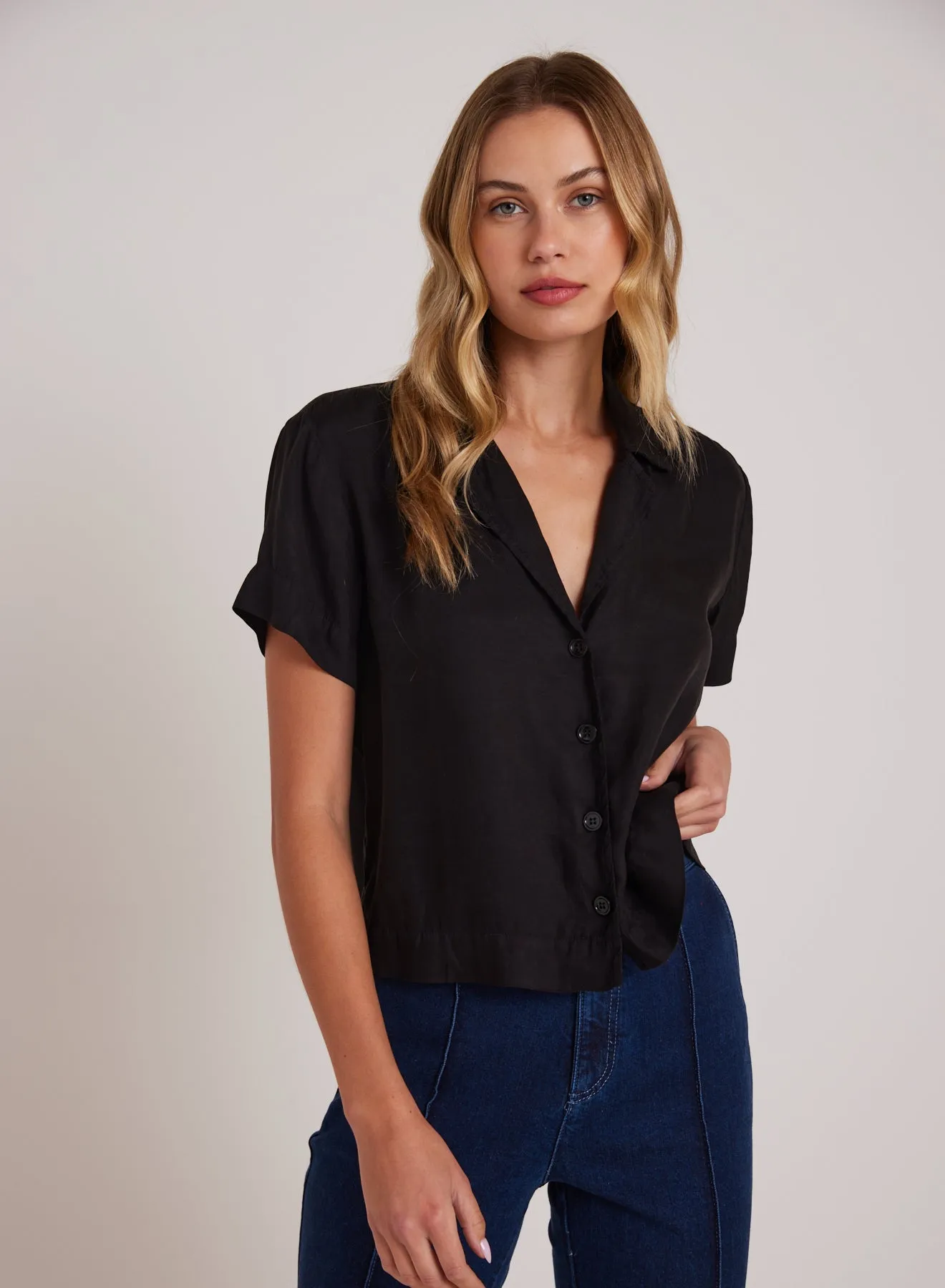 Short Sleeve Flowy Button Down - White
