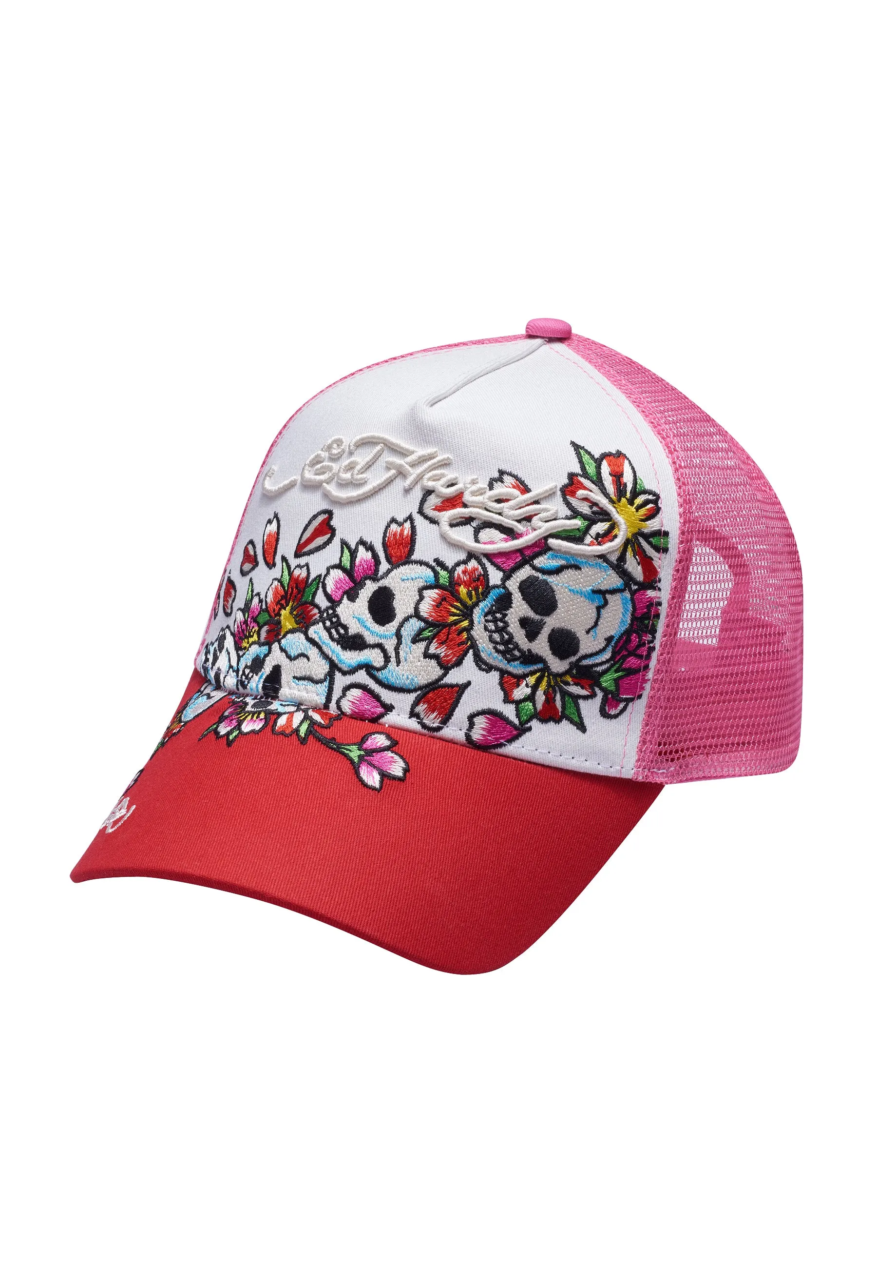 Unisex Skull-Blossom Twill Front Mesh Trucker Cap - White