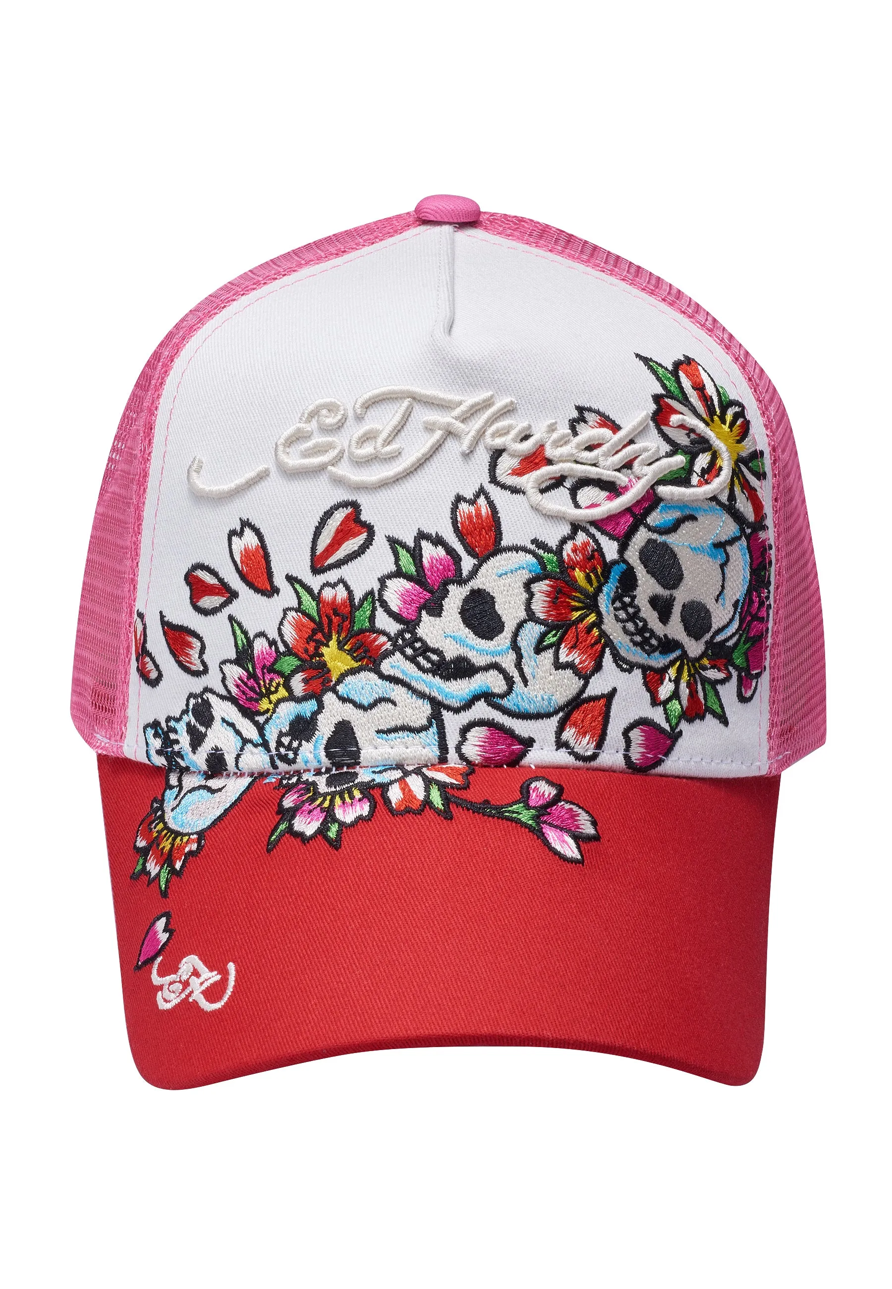 Unisex Skull-Blossom Twill Front Mesh Trucker Cap - White