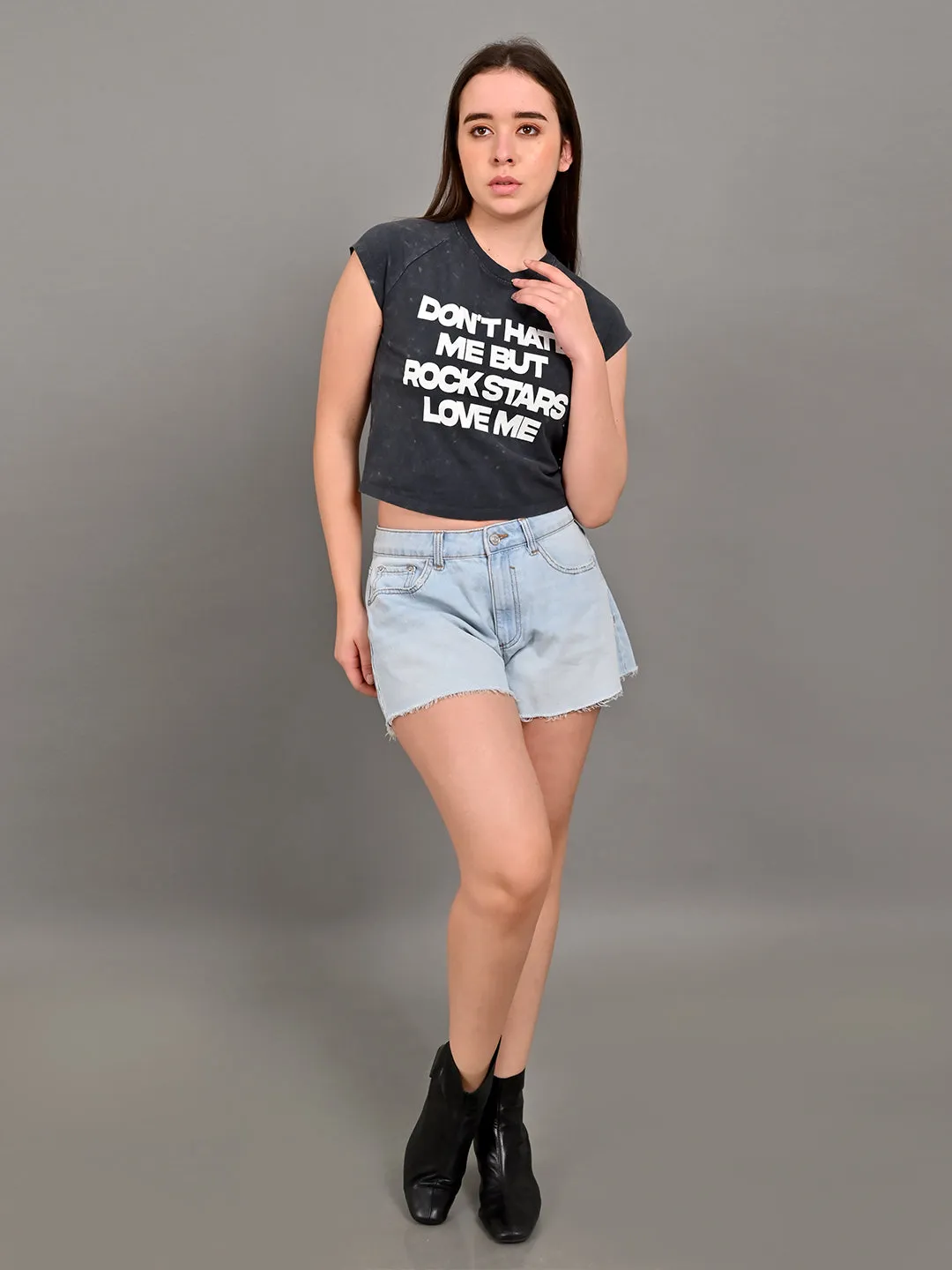 Women Black Crop T Shirt