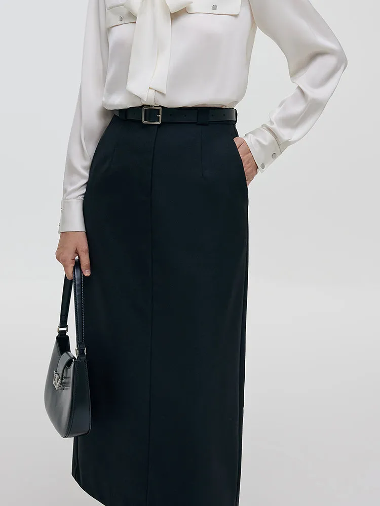 Worsted Wool Women Column Skirt With Leather Belt