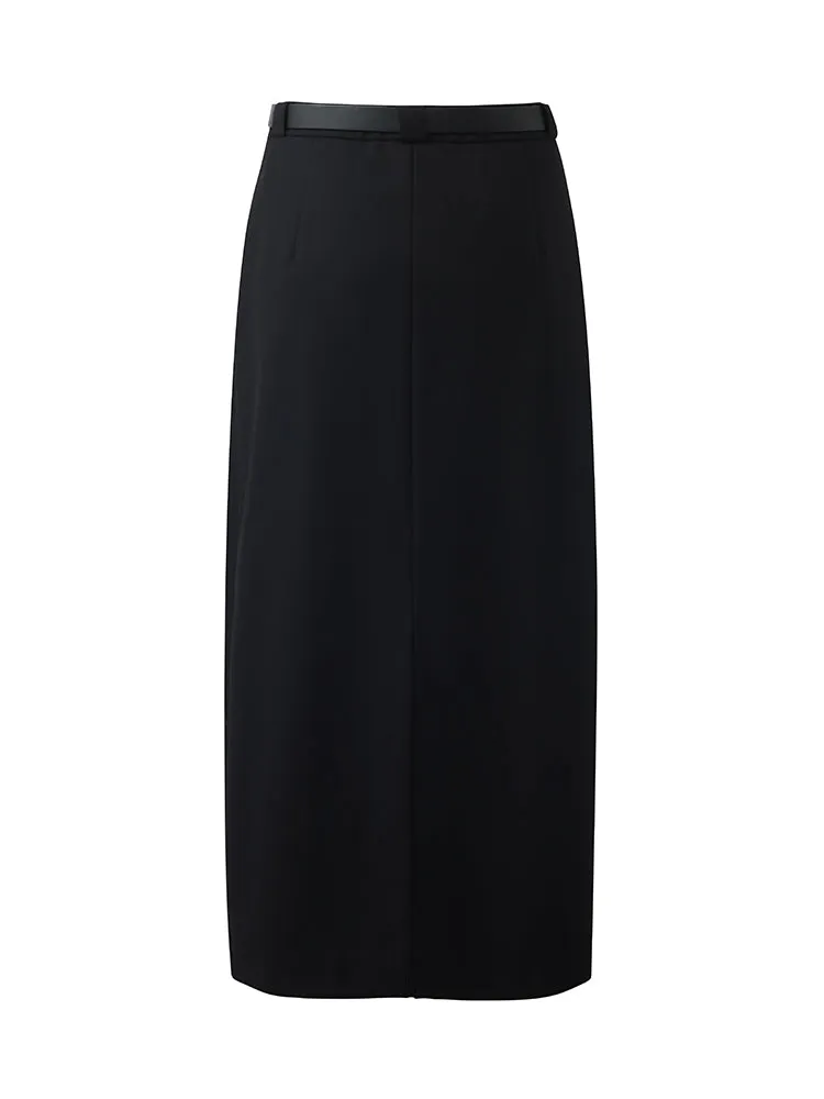 Worsted Wool Women Column Skirt With Leather Belt