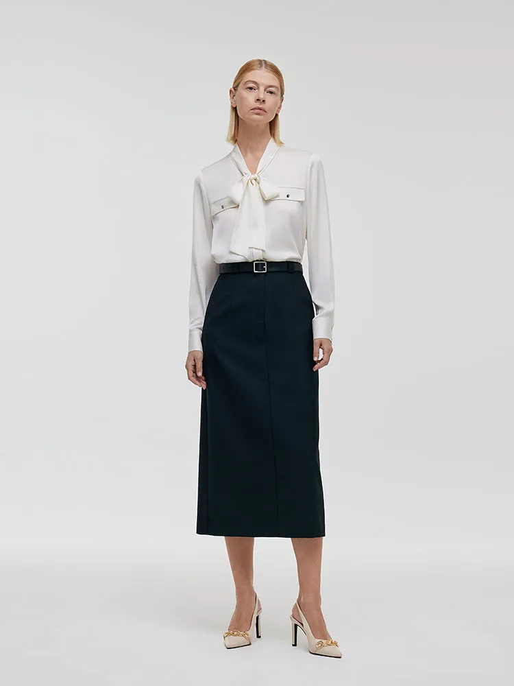 Worsted Wool Women Column Skirt With Leather Belt