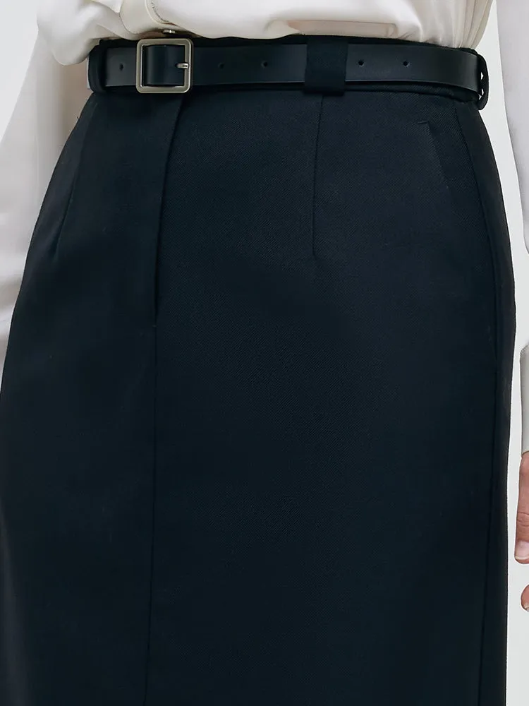 Worsted Wool Women Column Skirt With Leather Belt