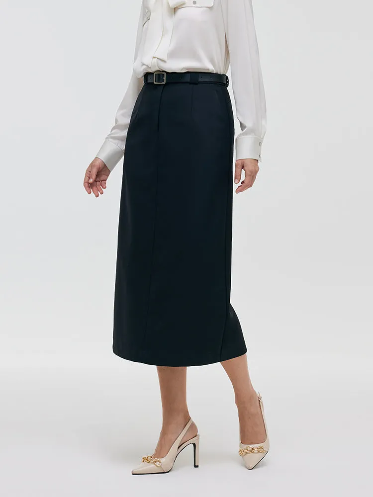 Worsted Wool Women Column Skirt With Leather Belt