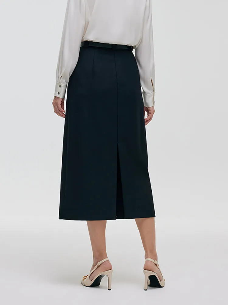 Worsted Wool Women Column Skirt With Leather Belt