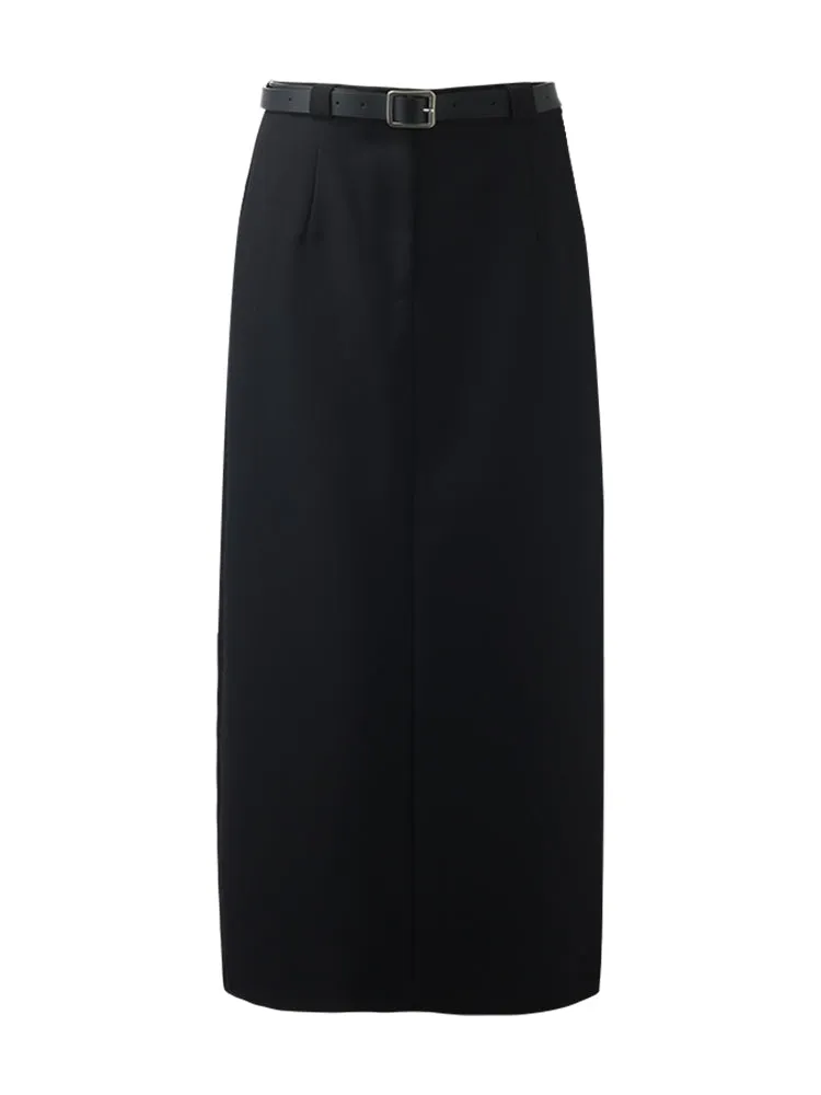 Worsted Wool Women Column Skirt With Leather Belt